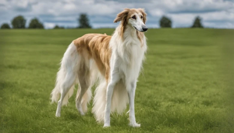 Barzoï dog standing in field