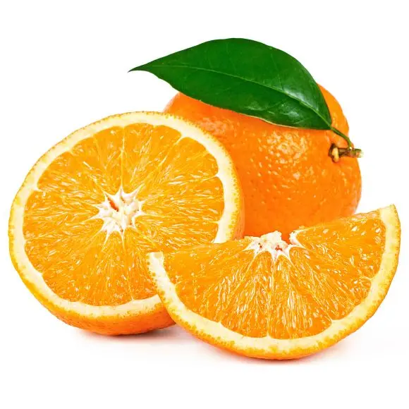 Celý pomeranč s lístkem vedle poloviny a kousku.