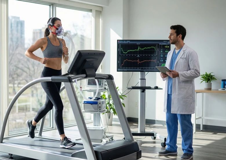 Žena běží na běžce pod dohledem lékaře s monitorováním metabolismu.