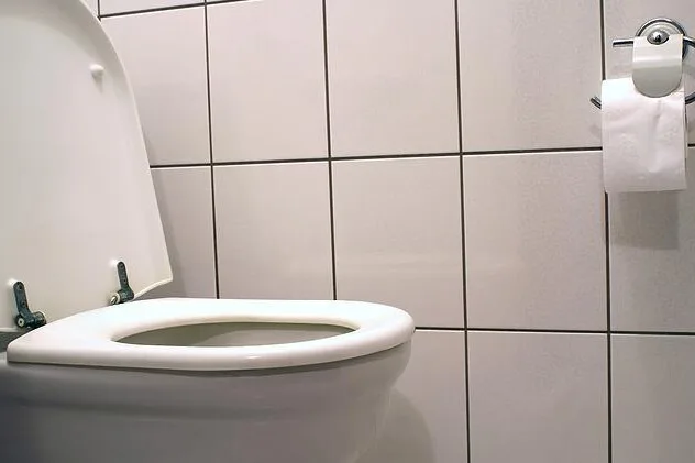 Bílá záchodová mísa s otevřenou víkem v koupelně.