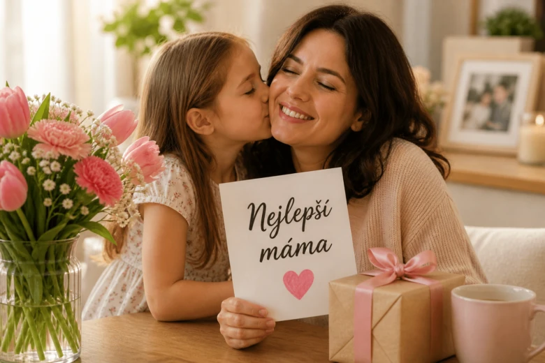 Dívka políbí maminku s kartičkou a dárkem na stole.