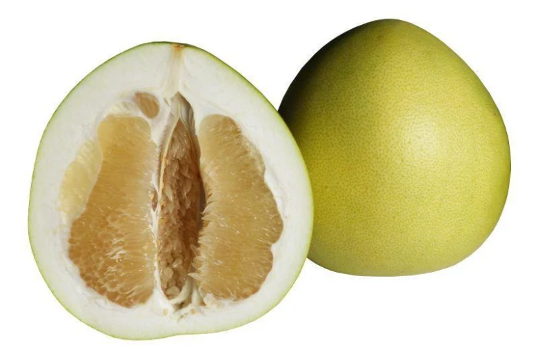 Ořezaný pomerančový citrus s viditelnými segmenty vedle celého plodu.
