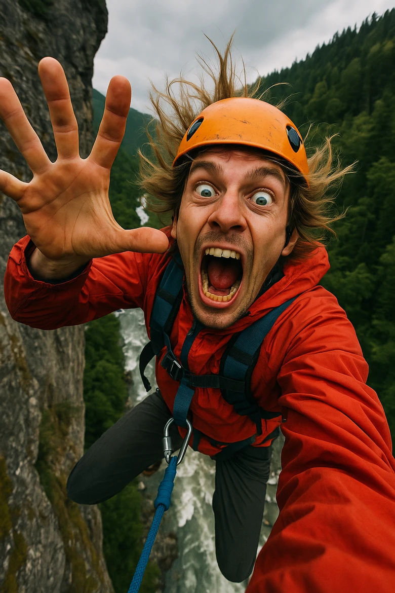 Muž visící na laně u vodopádu s výrazným adrenalinem.