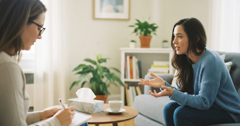 Žena mluví s terapeutem v kanceláři pro psychoterapii.