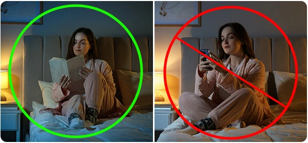 Žena čte knihu nebo používá telefon v posteli, tipy na spánek.