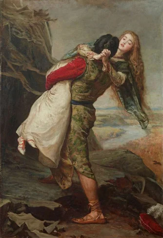 Muž nese ženu v náručí na pozadí krajiny.