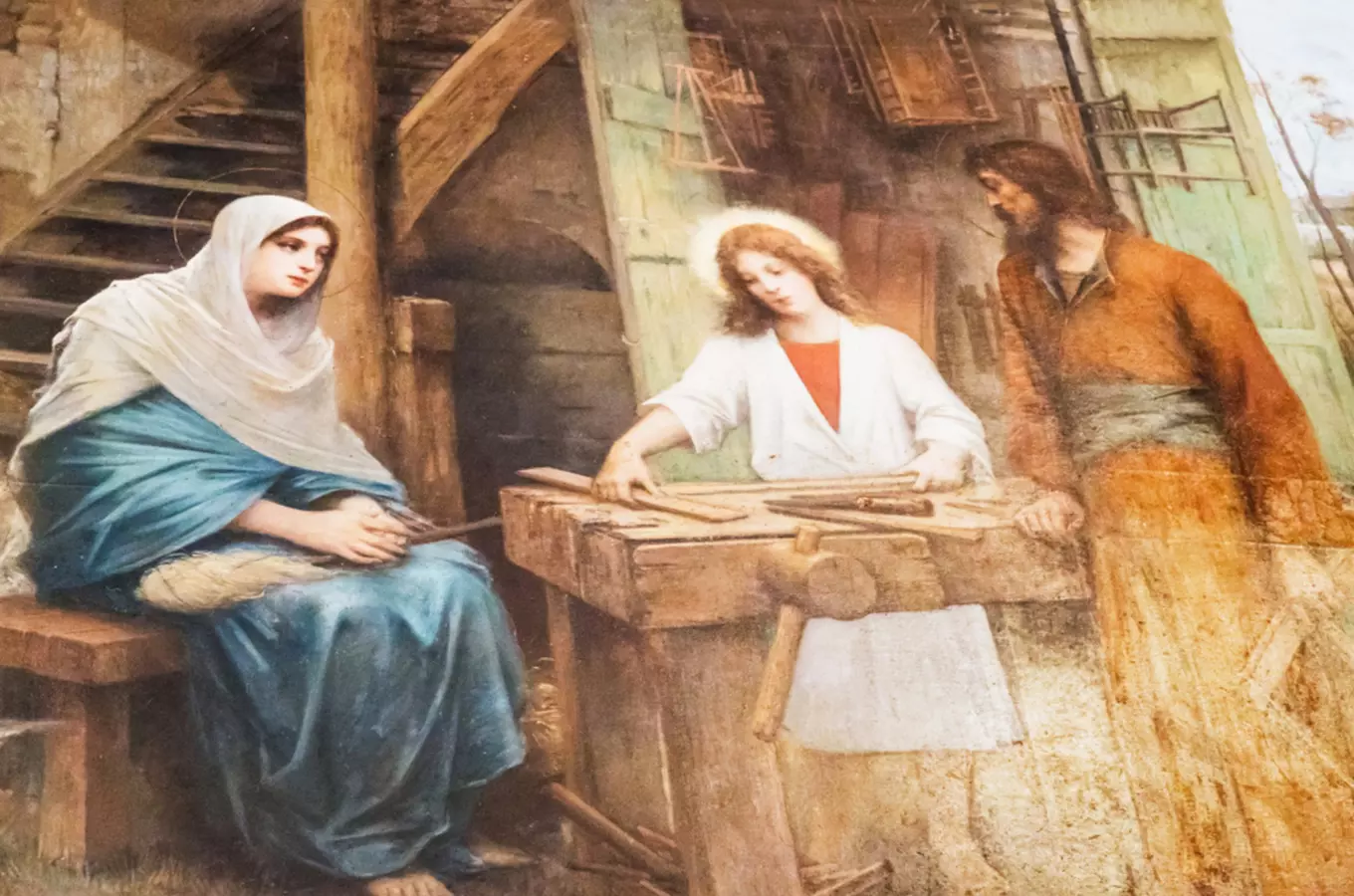 Klasická malba svatého Josefa jako řemeslníka s Ježíšem.