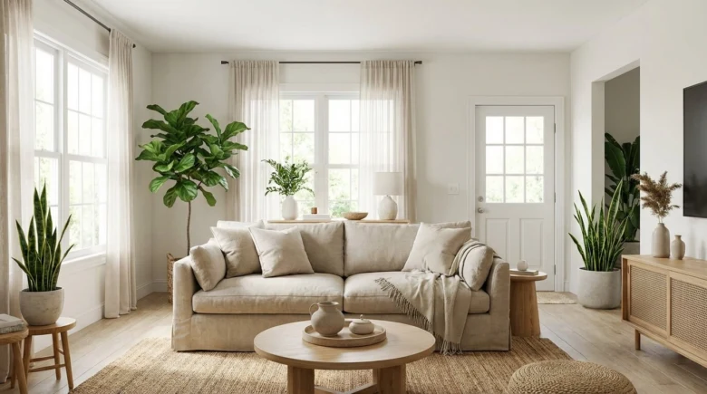 Jasný obývací pokoj s rostlinami pro lepší bydlení podle feng shui