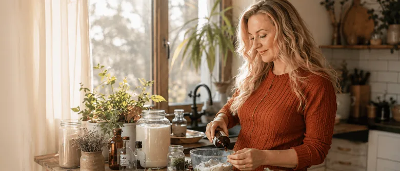 Žena míchá přírodní ingredience v kuchyni pro netoxickou domácnost.