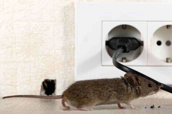 Domácí myš stojí u elektrické zásuvky v interiéru.