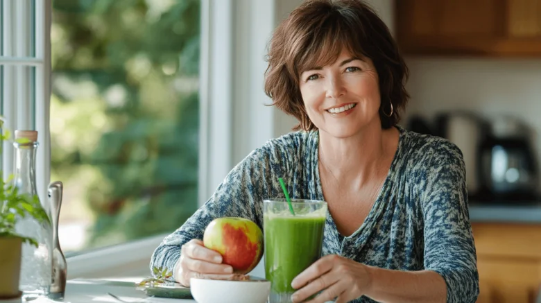 Žena s jablkem a zeleným smoothiem v kuchyni.