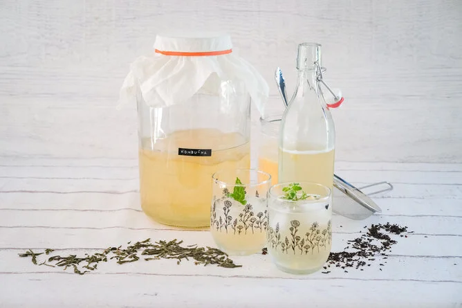Sklenice kombuchy s SCOBYm, lahve nápoje a bylinky na bílém dřevěném povrchu.