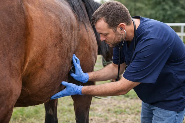Veterinář zkoumá břicho koně pomocí fonendoskopu.