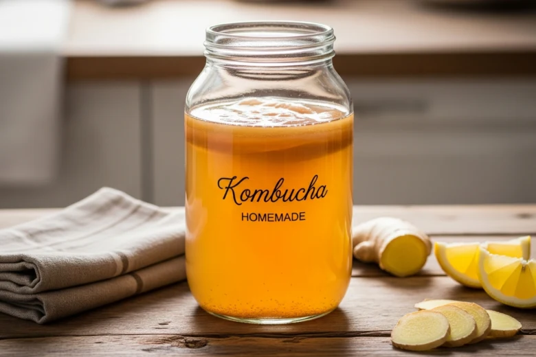 Sklenice domácího kombuchy s kořenem zázvoru a citronovými kousky.