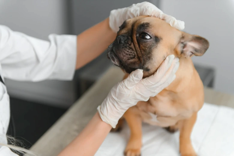 Veterinář vyšetřuje francouzského buldoka v ordinaci.
