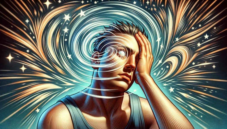 Ilustrace muže s závratí obklopeného kosmickými vzory.