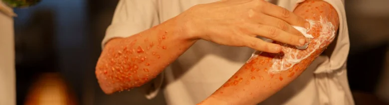 Léčení popáleniny aplikací krému na postiženou ruku.
