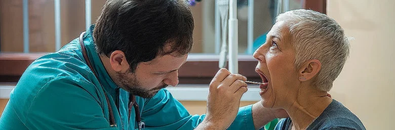 Lékař vyšetřuje ústní dutinu starší ženy pro podezření na rakovinu jazyka.