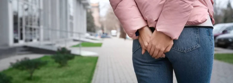 Osoba drží ruce za zády a škrábe si zadnici venku.
