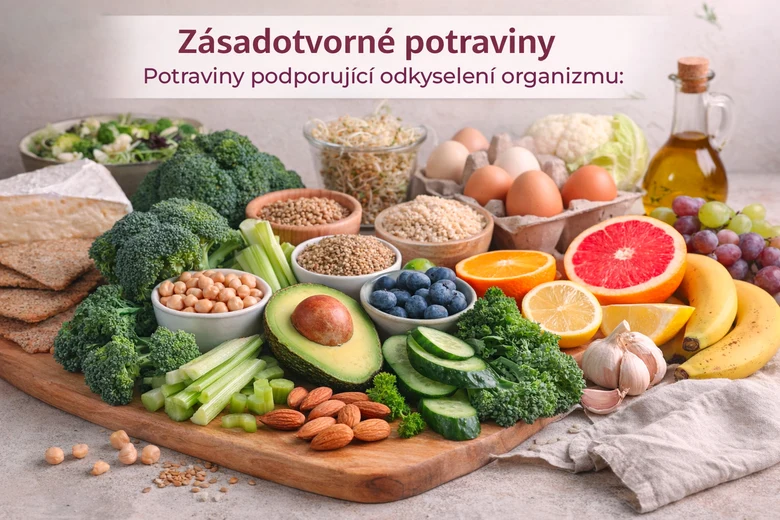 Dřevěná deska s barevnou směsí zeleniny, ovoce a oříšků podporujících zásaditost.