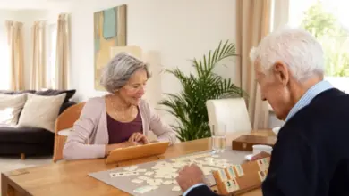 Dvojice seniorů hraje společně hru v obývacím pokoji.