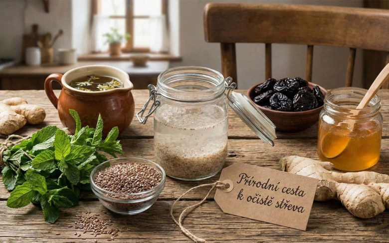 Přirozené produkty pro čištění střev: zázvor, máta, lněná semínka a med.