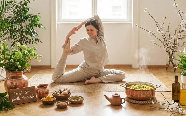 Žena v józe s bylinkami a horkou stravou pro detoxikaci.