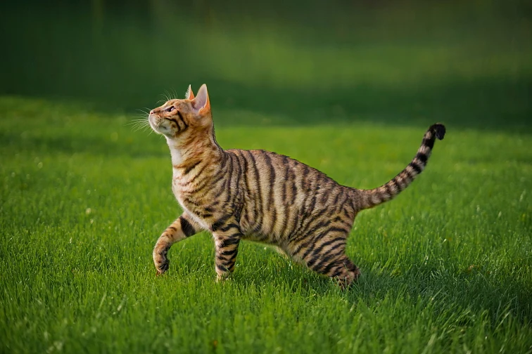 Toyger kočka chodí po zelené trávě s výraznými proužky.