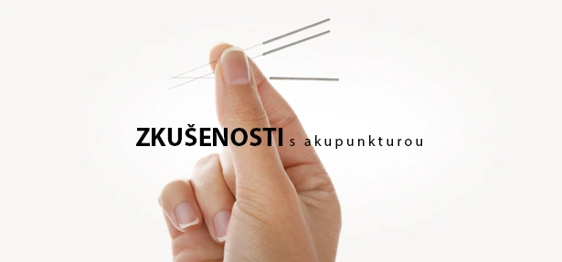 Ruka drží dvě jehly pro akupunkturu na bílém pozadí.