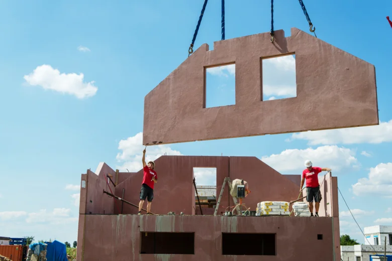 Montáž prefabrikované stěny z keramického betonu na stavbě.