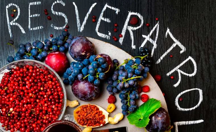 Třešně, hroznové bobule a text RESVERATROL na tmavém dřevěném pozadí.