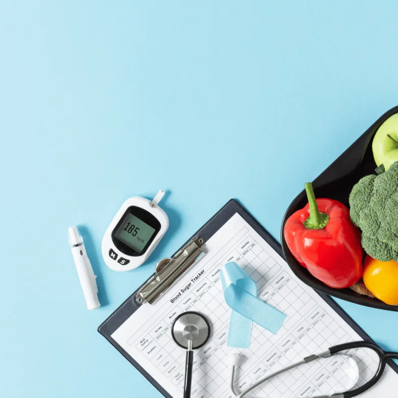 Krevní cukr, glukometr, zdravé potraviny pro diabetes.