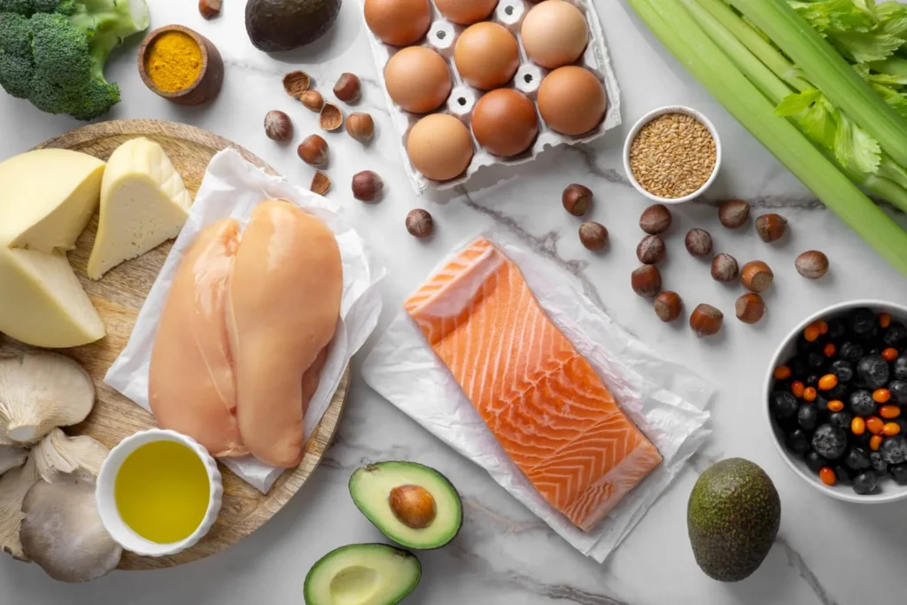 Keto diet potraviny jako kuřecí prsa, losos, vejce, avokádo sýr.
