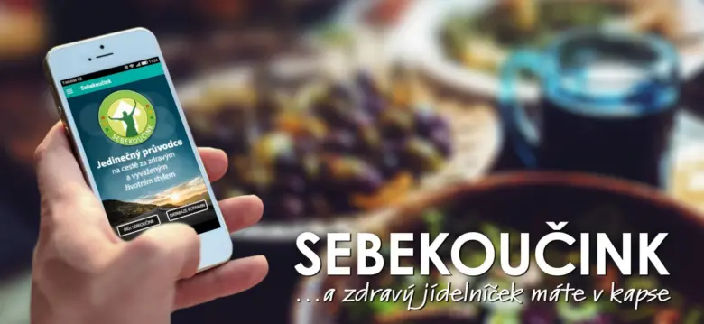 Ruka drží telefon s aplikací pro zdravé stravování.